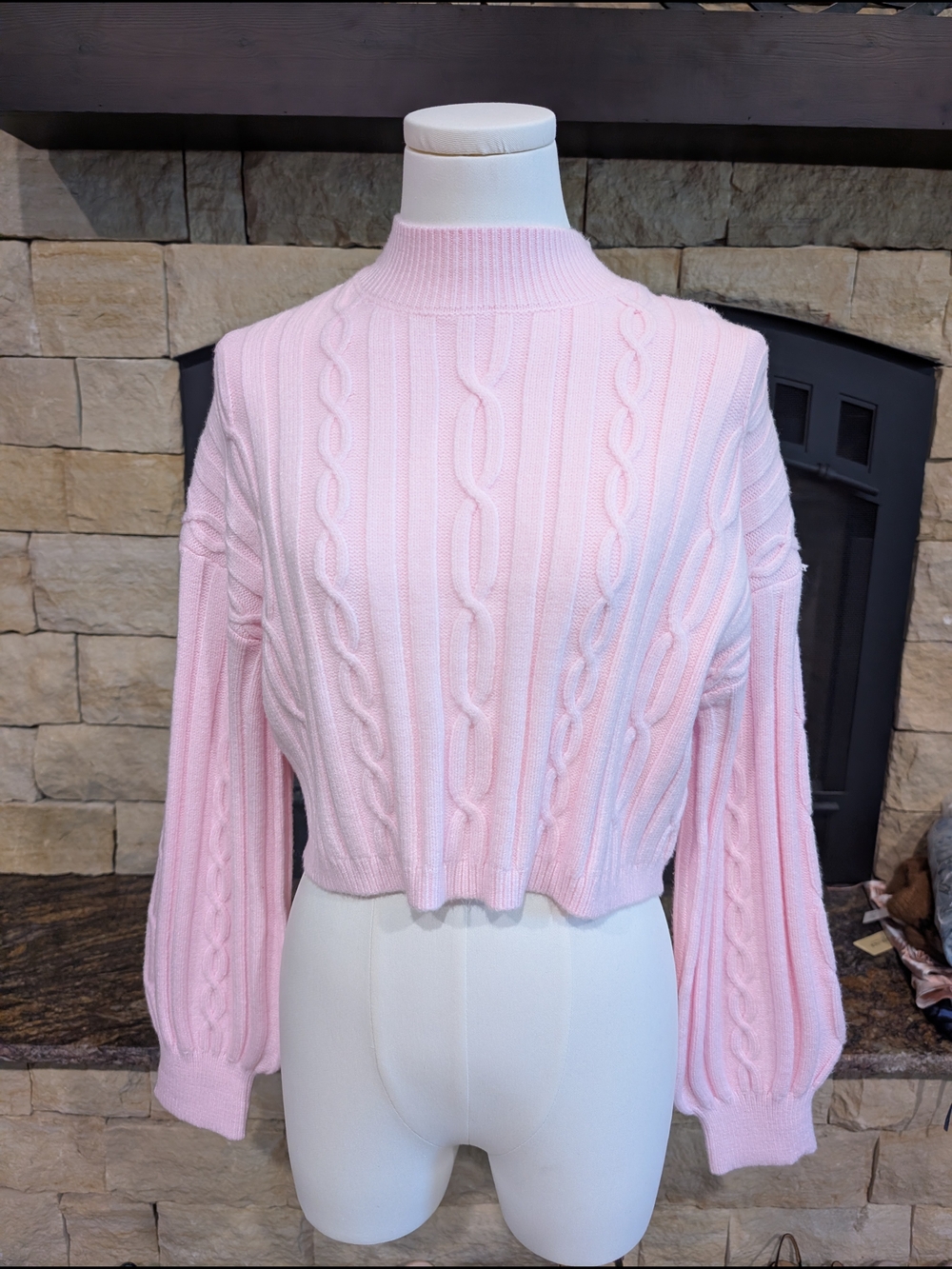 Cropped Pink Cable-Knit Turtleneck Sweater